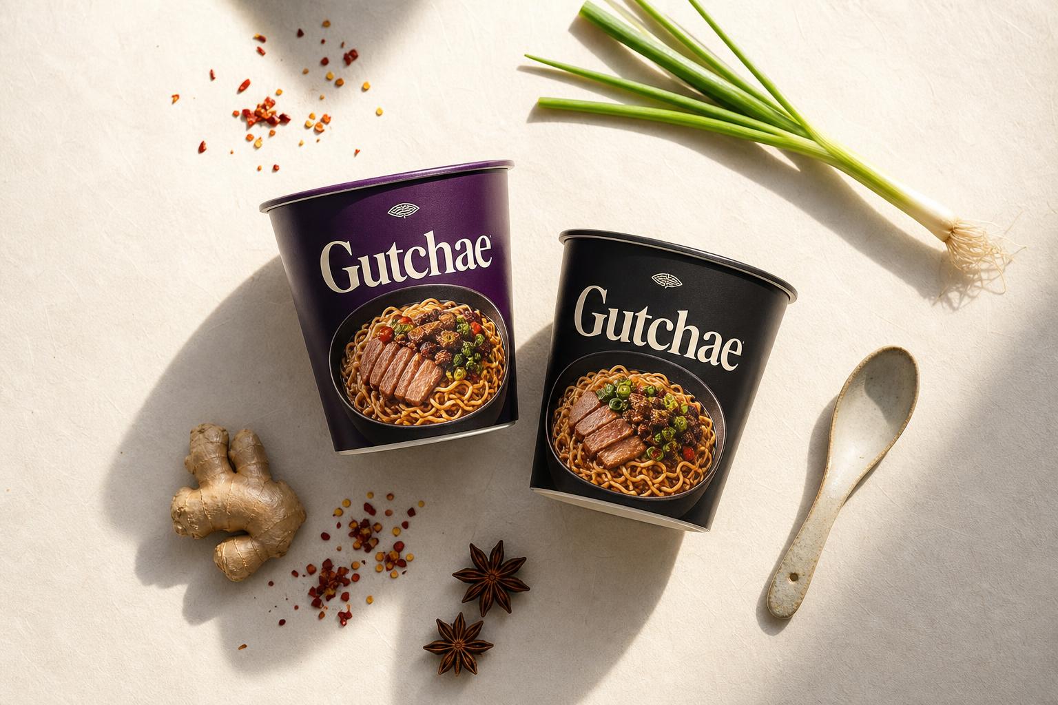 Two Gutchae instant ramen cups on a cream background surrounded by ginger, chili flakes, star anise, and scallions